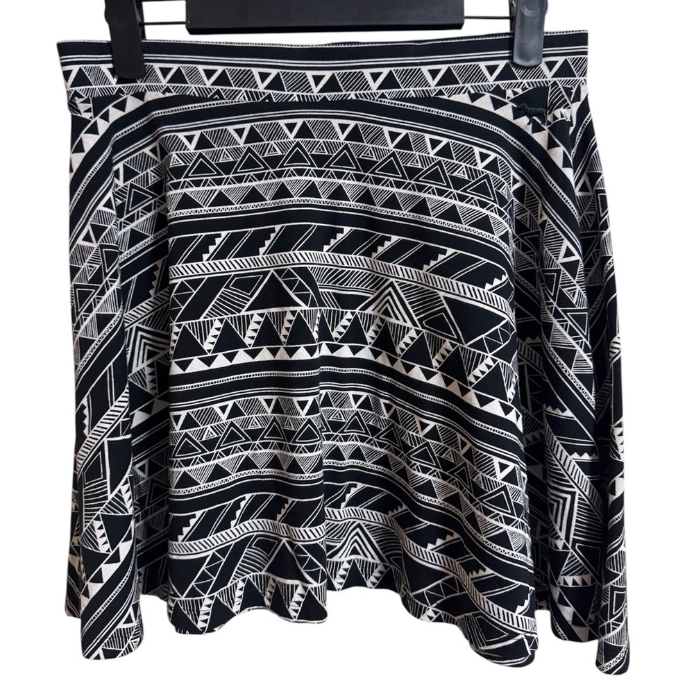 PINK - Boho Tribal Print Skater Skirt – Black & White Geometric Pattern - M